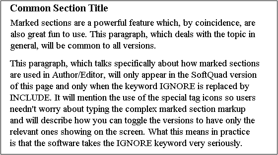 The second of the illustrations shows the output when the keywords have been switched. The Author/Editor paragraph is visible, the third para has disappeared.